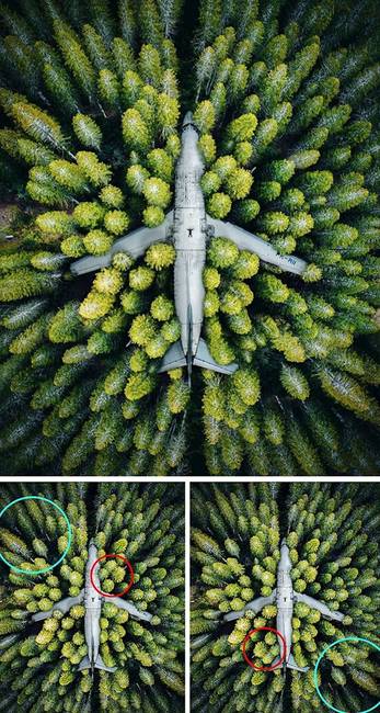 Az erdővel körbenőtt Boeing 737-es repülőről készült fotó valóban látványos, de Demas Rusley fotós később elismerte, hogy csak Photoshop. Bár a gép valójában létezik és elhagyatottan áll, nincs erdő körülötte.
