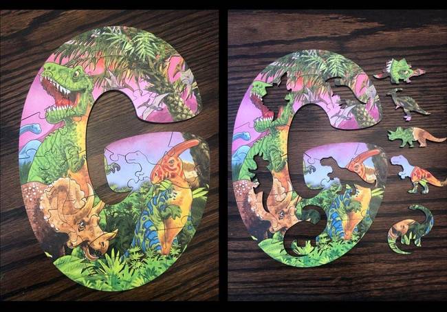 Ennek a dínós puzzle-nek a kirakós darabkái is dínó alakúak.