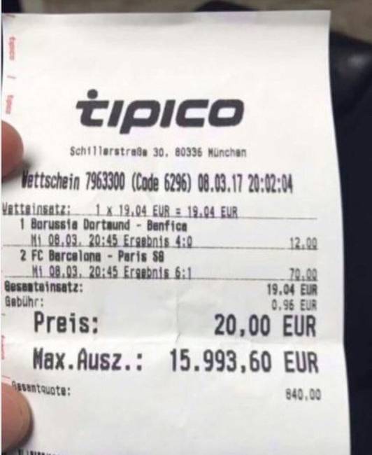 Egy focidrukker 20 euróval fogadott két meccs pontos végeredményére, és majdnem 16 ezer eurót nyert belőle.