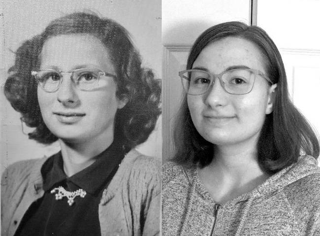 Fénykép egy nagymamáról és unokájáról, 64 év különbséggel.