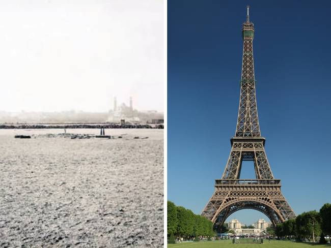 A párizsi Champ de Mars az Eiffel-torony építése előtt és után.