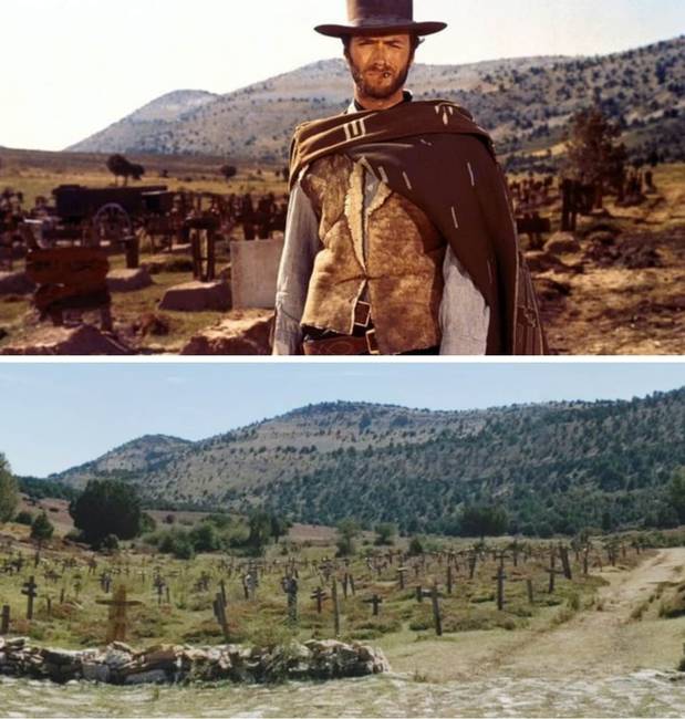 Egy jelenet A Jó, a Rossz és a Csúf (1966) című filmből és ugyanaz a helyszín 2020-ban.