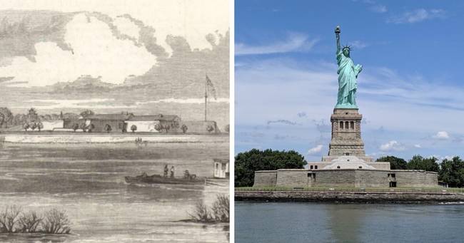 A New York-i Liberty Island (akkor Bedlows-sziget) a Szabadság-szobor építése előtt és után.
