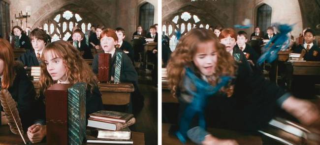 Gilderoy Lockhart kiengedi a tündérmanókat, Hermione az egyetlen, aki azonnal lelöki a könyveit az asztalról, mert tudja, hogy azok mindent tönkretesznek, amit csak meglátnak.