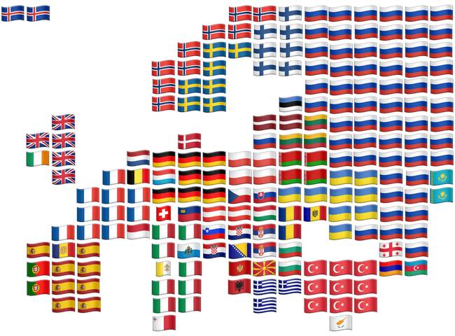 Európa térképe az országok zászlóinak hangulatjeleiből összerakva.