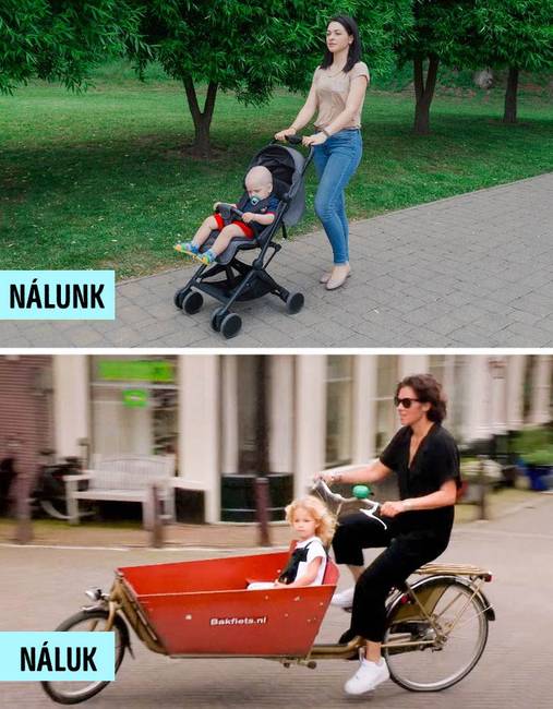 Míg mi babakocsiban utaztatjuk a gyermekeinket, a hollandok gyakran ez is biciklire szerelhető csomagtartók segítségével oldják meg.