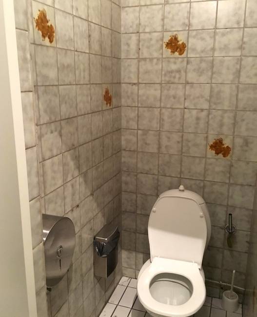 Kíváncsi lennék, hogy ki és miért gondolta úgy, hogy ezek a szarfolt-ihlette dizájnú csempék jó lesznek a WC-be?!