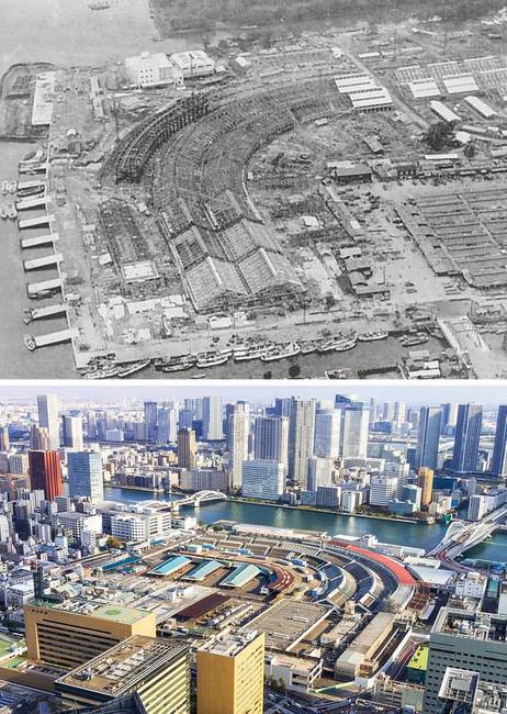 Tsukiji Fish Market, Tokió, Japán - 1926-ban és napjainkban.