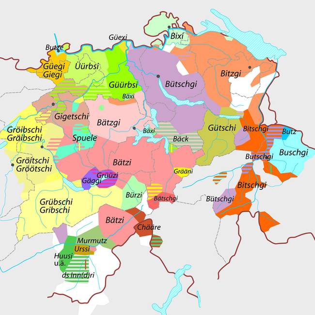 Minden svájci kanton saját nyelvet beszél: az alábbi térképen például azt láthatjuk, melyik területen hogy mondják azt, hogy "almamag".