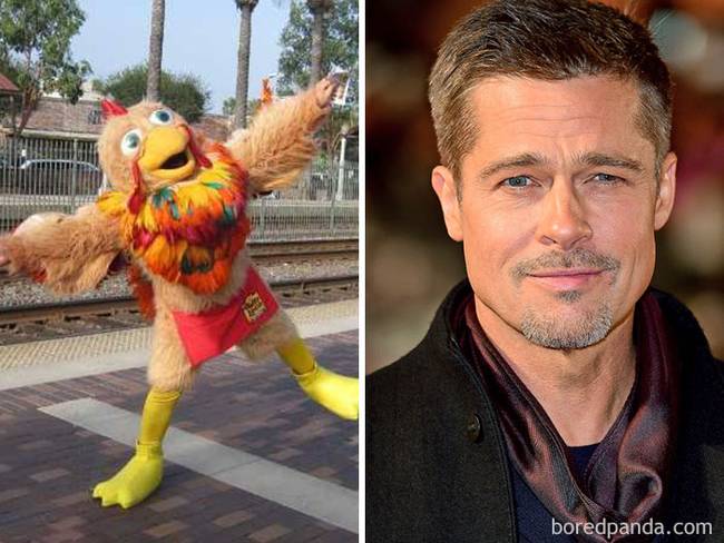 Brad Pitt csirke jelmezbe öltözve, ugrálva kereste a kenyerét az El Pollo Loco étteremben, Hollywoodban.