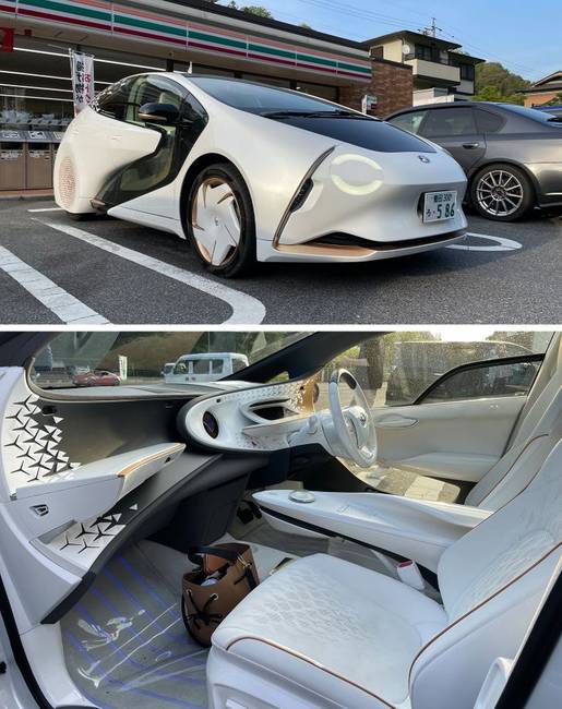 Futurisztikus autó egy japán üzlet parkolójában: Toyota LQ.