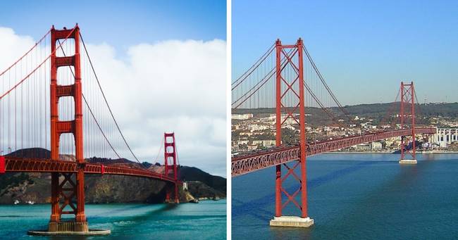 Golden Gate híd (Kalifornia, USA) és az Április 25-e híd (Portugália).