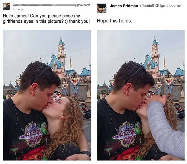 „Szia, James! Be tudnád csukni a barátnőm szemét ezen a képen? Köszi.''