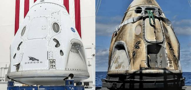 A Spacecraft Crew Dragon Endeavour űreszköz a Nemzetközi Űrállomásra való indulás előtt és a visszatérés után.