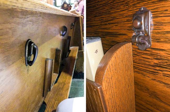 Kalaptartó csipeszek a montréali Notre-Dame Bazilikában.