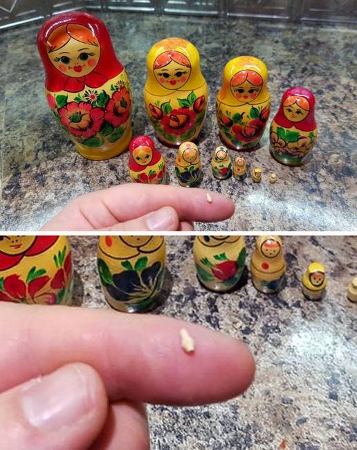 „A legkisebb Matrjoska-baba mérete."