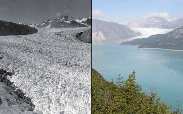 Az alaszkai Muir-gleccser 1890-ben és 2015-ben.