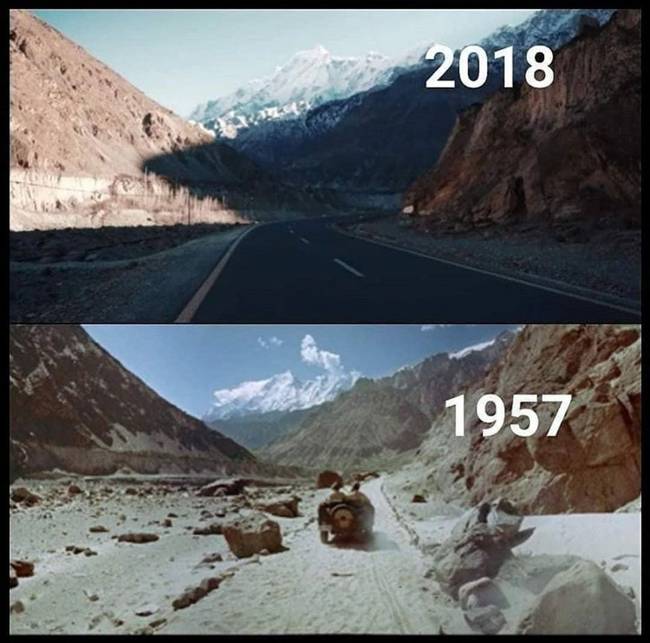 A pakisztáni Karakoram autópálya, régen és most.