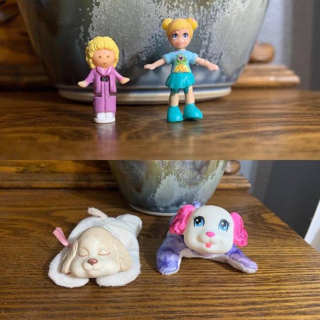 A Polly Pocket babám és a kiskutyája 1991-ből, szemben a lányom 2021-ben kapott készletével.