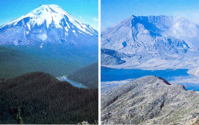 A St. Helens-hegy az 1980-as kitörés előtt és után.