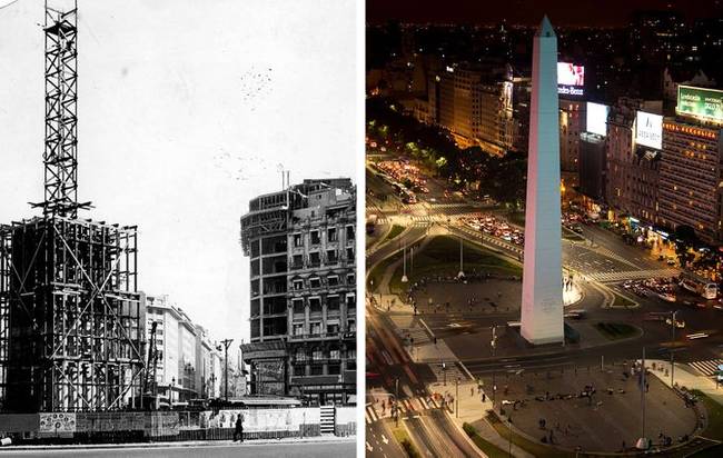 A Buenos Aires-i obeliszk az építkezés során (1936) és most.