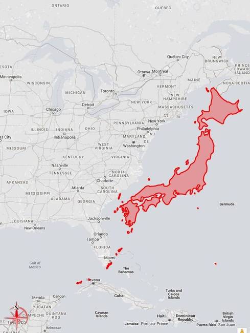 Japán valódi mérete az Egyesült Államokhoz képest.