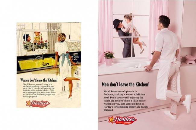 A Hardee's étteremlánc reklámhirdetése: „a nők nem hagyják el a konyhát!"