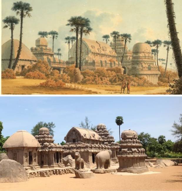 Pancha Rathas a Bengáli-öbölben, Indiában 1825-ben és napjainkban.