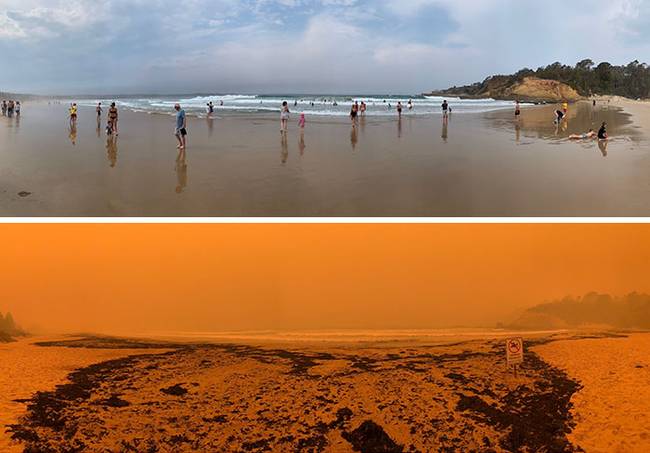 Tathra Beach, Dél-Kelet Ausztrália. Az alsó képen látható fekete törmelék elszenesedett fa, amit partra mosott a víz.