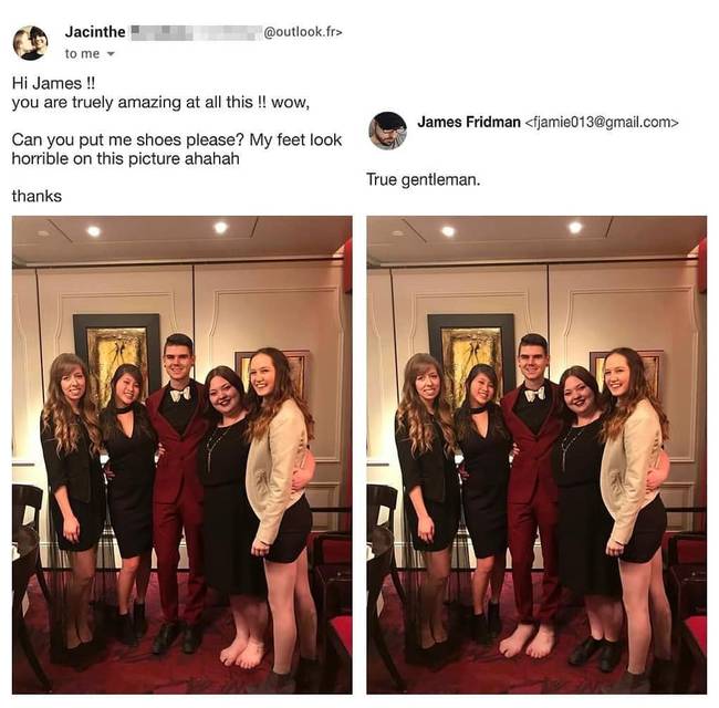 „Tudnál cipőt tenni a lábaimra? Borzalmasan néznek ki a lábaim ezen a képen."
