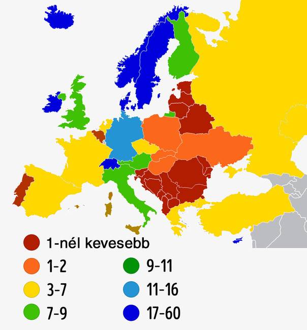 Hány dollármilliárdos jut 10 millió emberre Európa különböző országaiban.