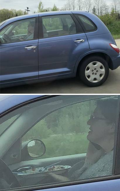 „120 km/h-ával haladtunk az autópályán, mikor úgy döntöttem, hogy megelőzöm az előttem meglehetősen bizonytalanul haladó sofőrt. Mikor mellé értem, láttam, hogy a drágám késsel-villával eszik a tányérjából, miközben ráadásként még telefonál is."