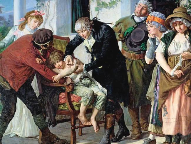 Edward Jenner (1749-1823) végzi az első himlőoltást 1796-ban, 1879 (részlet).