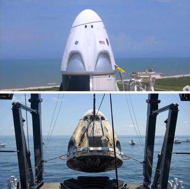 A SpaceX Crew Dragon 2 űrjármű a kilövése előtt és a visszatérését követően.