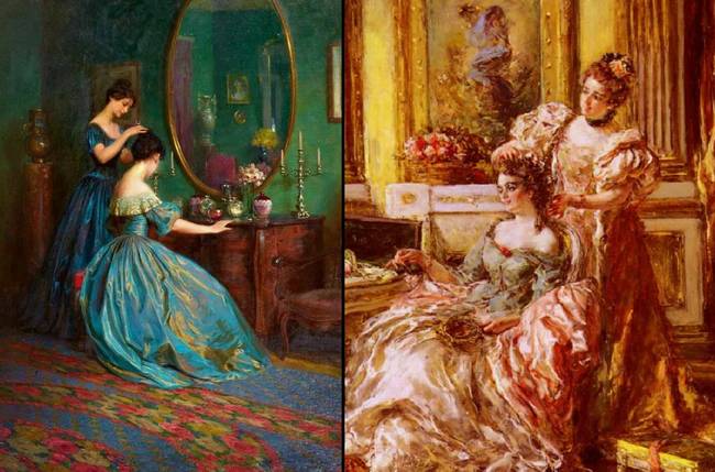 Bal oldalon Victor Schramm „Felkészülés a bálra” című alkotása, jobb oldalon Eduardo Leon Garrido „Felkészülés a bálra” című alkotása látható.