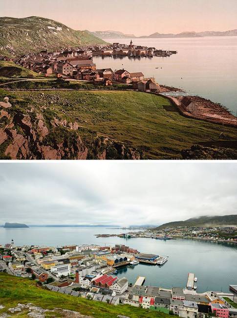 A norvégiai Hammerfest város a 19. században és most.