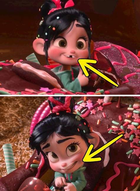 Rontó Ralph - Vanellope először elveszíti a fogát, majd később, a film végére már megint meg van neki mind.