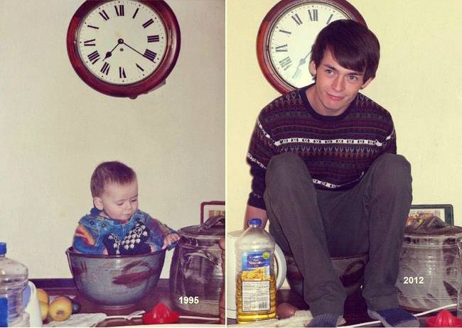Anya kicsi fia segít főzni a konyhában: 1995-ben és 2012-ben.
