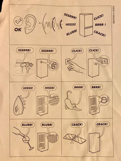 Utasítások a hűtőszekrényhez, mely elmagyarázza, hogy mely hangokat mi okoz.