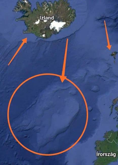 A képen Izland, a Feröer-szigetek és a feltételezett elsüllyedt Frifland szigete látható, ahogy azt nyilak jelzik.