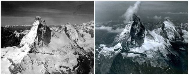 Matterhorn-hegy az Alpokban, 1960. augusztus és 2005. augusztus.