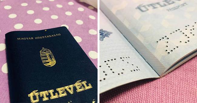 Kiálló gerinc az útlevél első oldalán.