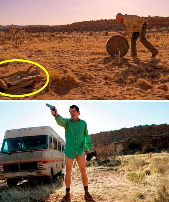 A Breaking Bad – Totál szívás sorozat 14. évadának 5. epizódjában Walter White egy nagy hordót gurít a sivatagban. Ha közelebbről megnézed, egy gyanúsan ismerős dolgot is észrevehetsz: mégpedig a nadrágot, amit a hős a sorozat első évadjában ugyanitt veszített el.
