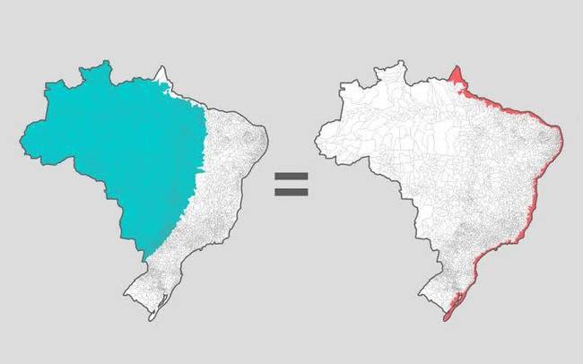 Brazíliában ugyanannyi ember él a kékkel és pirossal jelzett területeken.