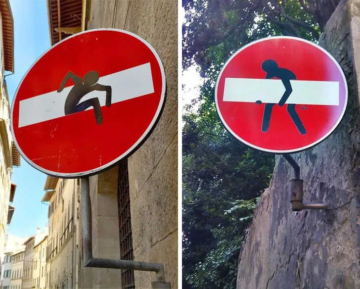 Clet Abraham utcaművész miniatűr műalkotásokká varázsolja az olasz utcák unalmas útjelző tábláit.