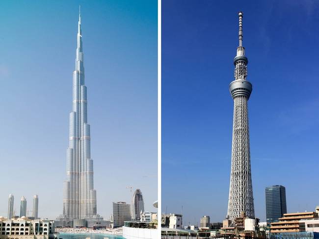 Burj Khalifa (Dubai, Egyesült Arab Emírségek) és a Tokyo Skytree (Tokió, Japán).