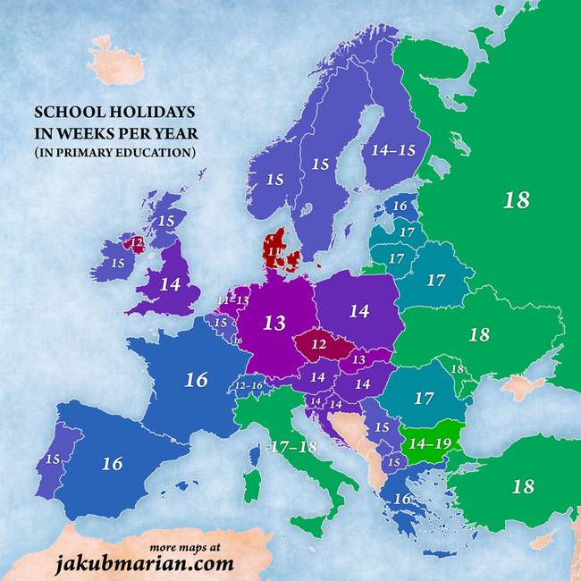 Iskolaszünetek időtartama az európai országokban. (hetekben)
