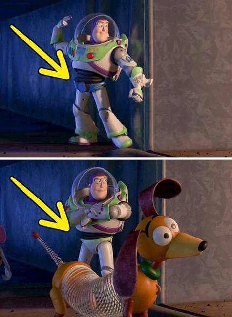 Toy Story 2 - Buzz űrruhája az egyik jelenetről a másikra megváltozik.