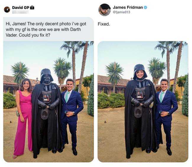 „Ez az egyetlen normális fotónk a barátnőmmel, de Darth Vader is rajta van. Ki tudnád javítani?"