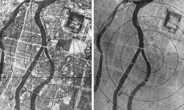 Hirosima légi felvételei az atombombázás előtt és után – 1945. augusztus 6.